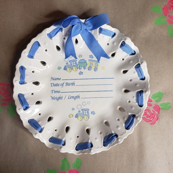 CUDLIE BABY BLUE CERAMIC BIRTH RECORD ANNOUNCEMENT PLATE SWEET BABY ANGE… - Picture 6 of 7